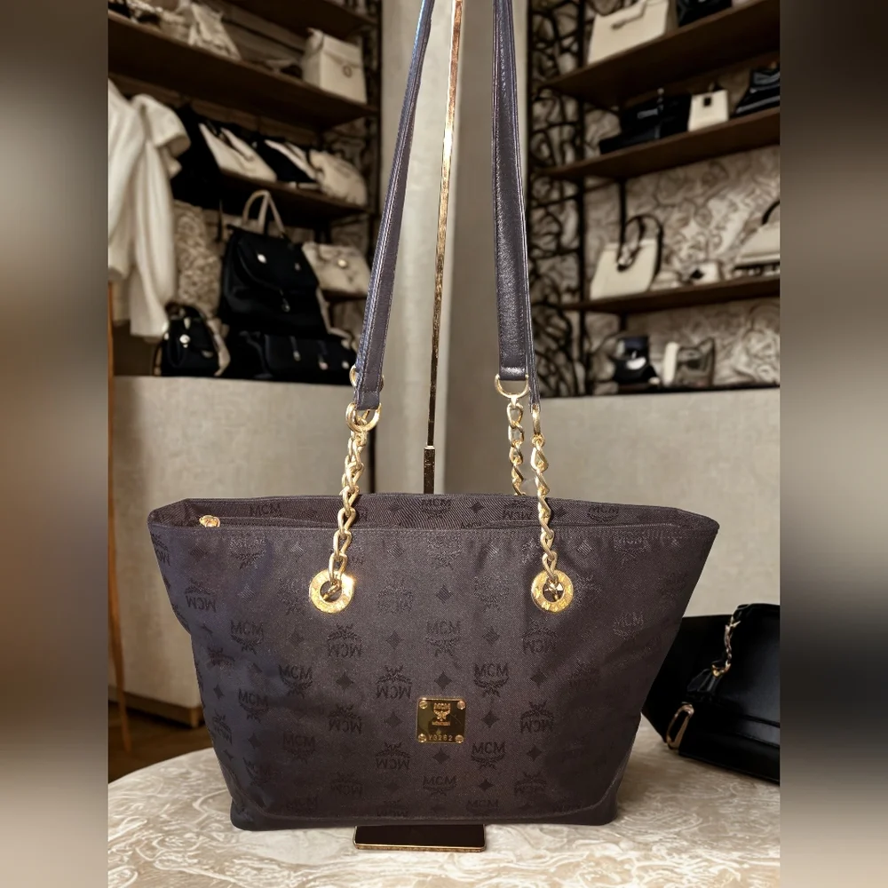 MCM Visetos Monogram Tote with Gold Chains